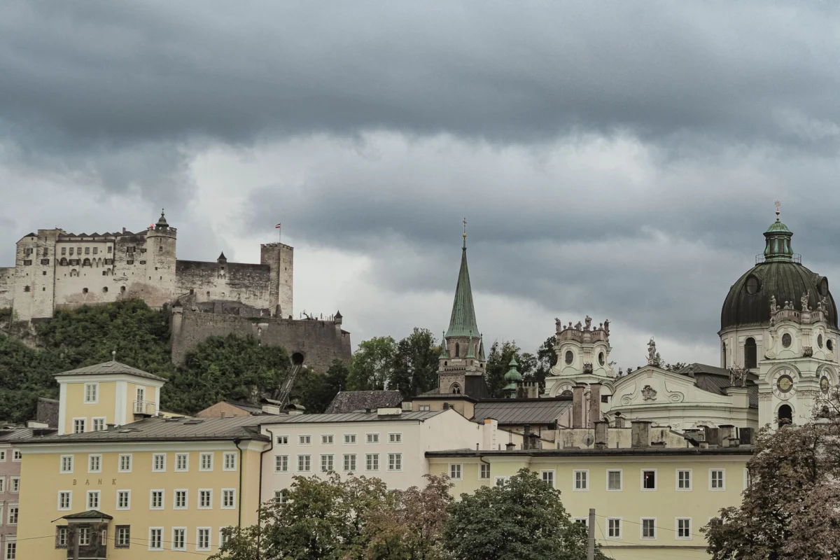 Panoramic view of Salzburg's skyline at dusk, highlighting the city's romantic charm