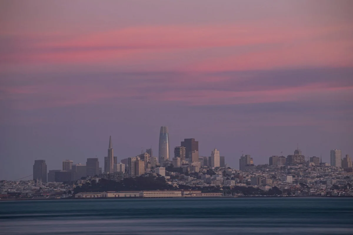San Francisco skyline with iconic landmarks at sunset