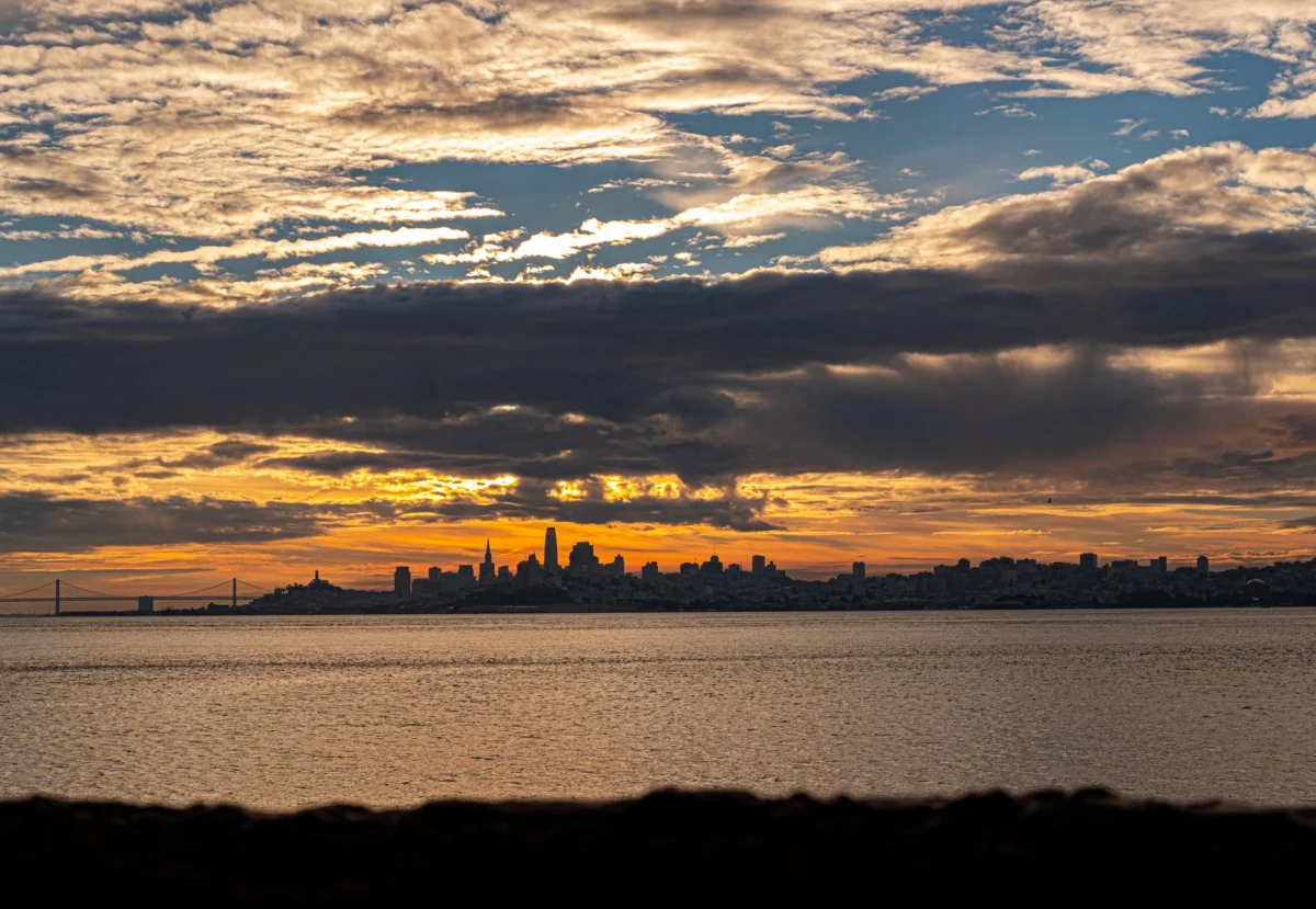 San Francisco skyline with the iconic Golden Gate Bridge at sunset