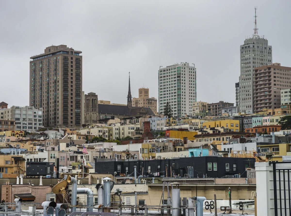 View of San Francisco skyline with iconic golden buildings