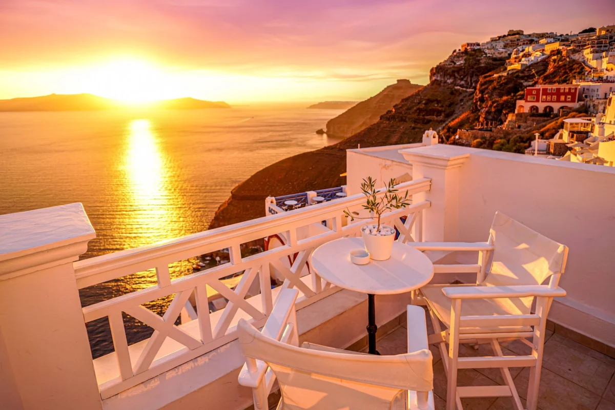 Scenic view of Santorini's sunset over the blue-domed churches