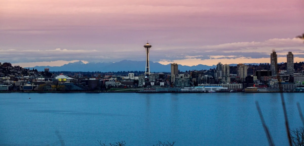 Romantic view of Seattle skyline during sunset