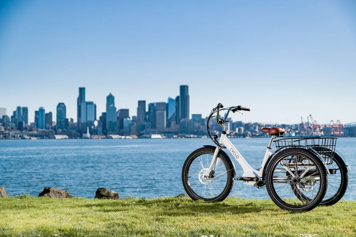 Seattle skyline with eco-friendly landmarks and green spaces