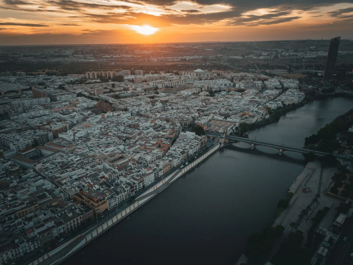 View of Seville's romantic skyline at sunset