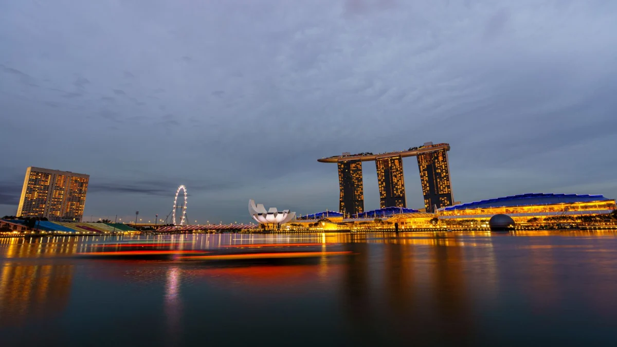 Singapore city skyline at dusk with romantic lighting