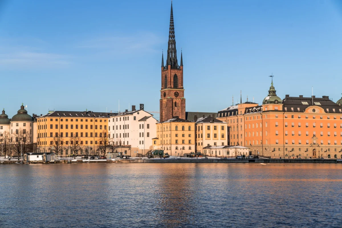 View of a romantic Stockholm cityscape with a serene waterfront