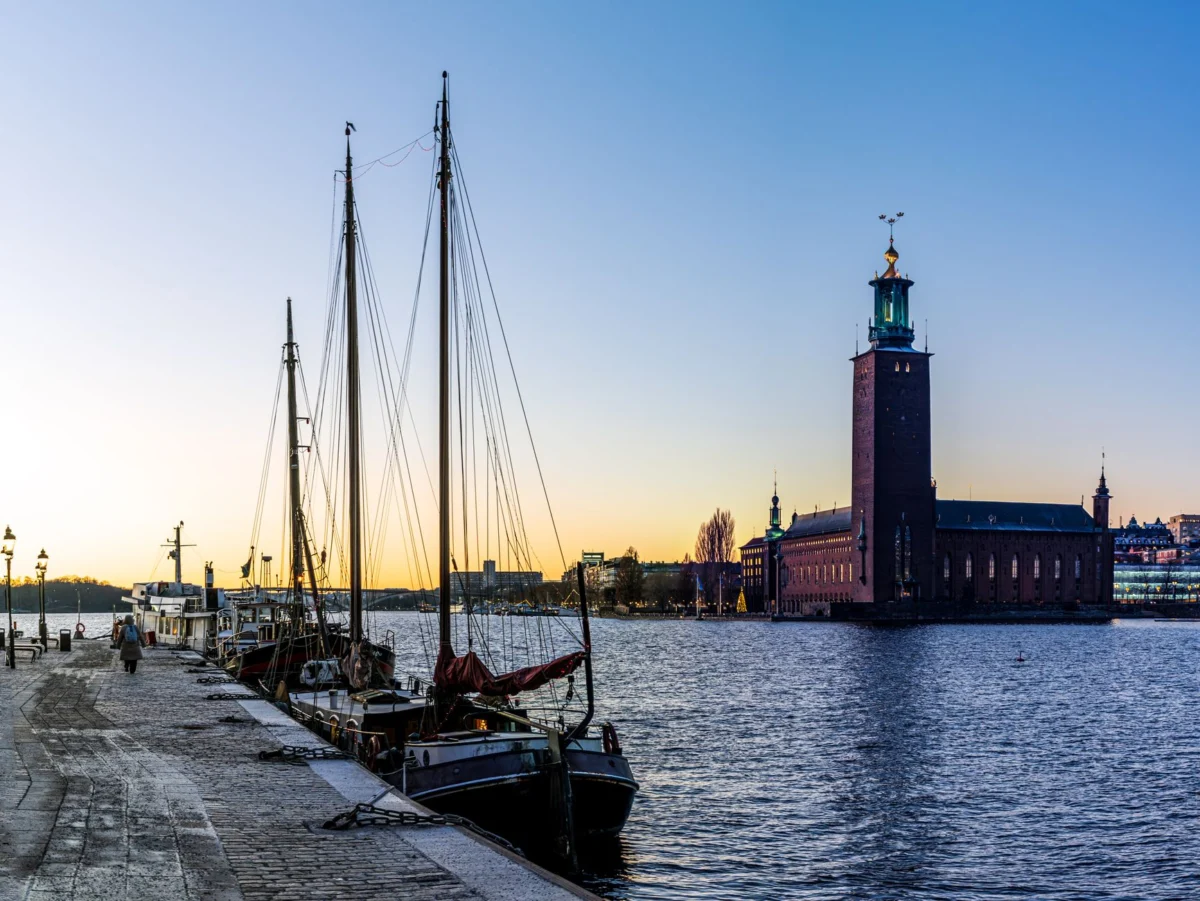 Stunning sunset view of Stockholm's skyline with iconic landmarks