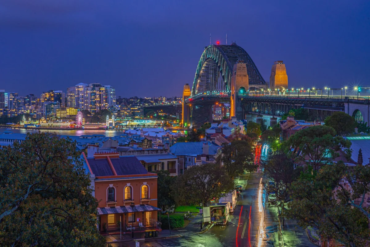Sydney cityscape at twilight showcasing the Harbour Bridge