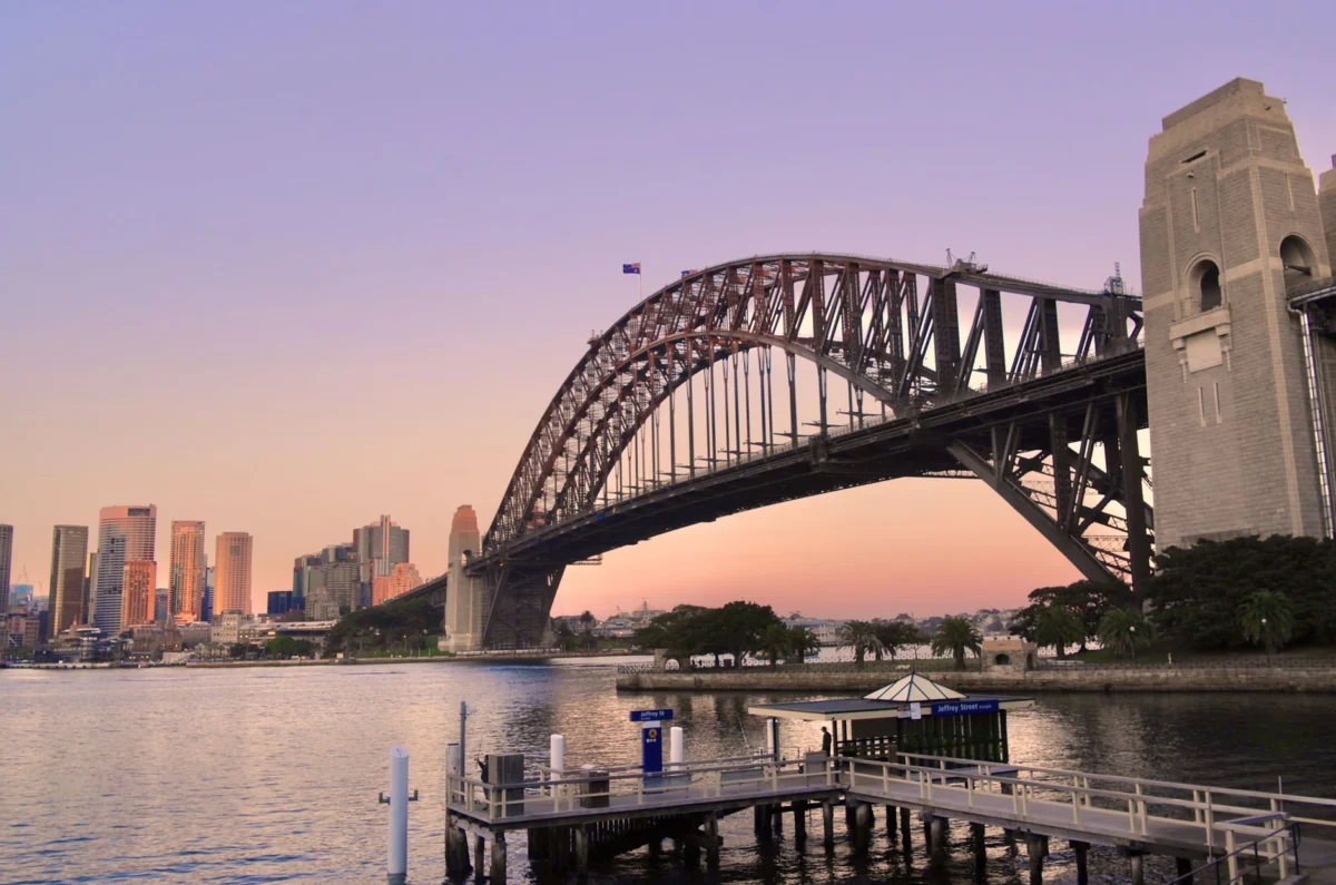 Sydney skyline at twilight with the Harbour Bridge in view