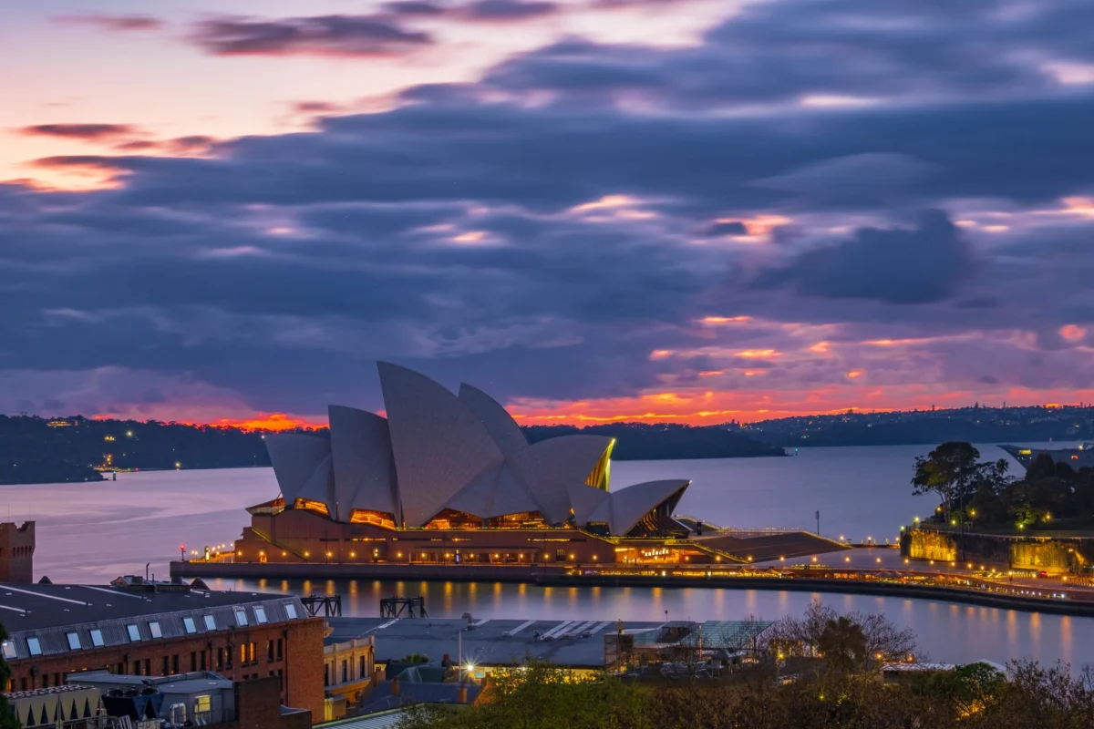 Sydney skyline featuring the Opera House at sunrise