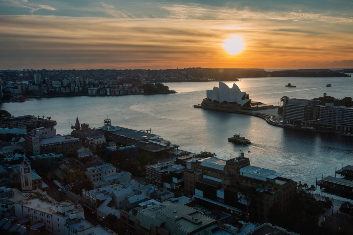 Scenic view of Sydney Opera House at sunset, iconic city skyline