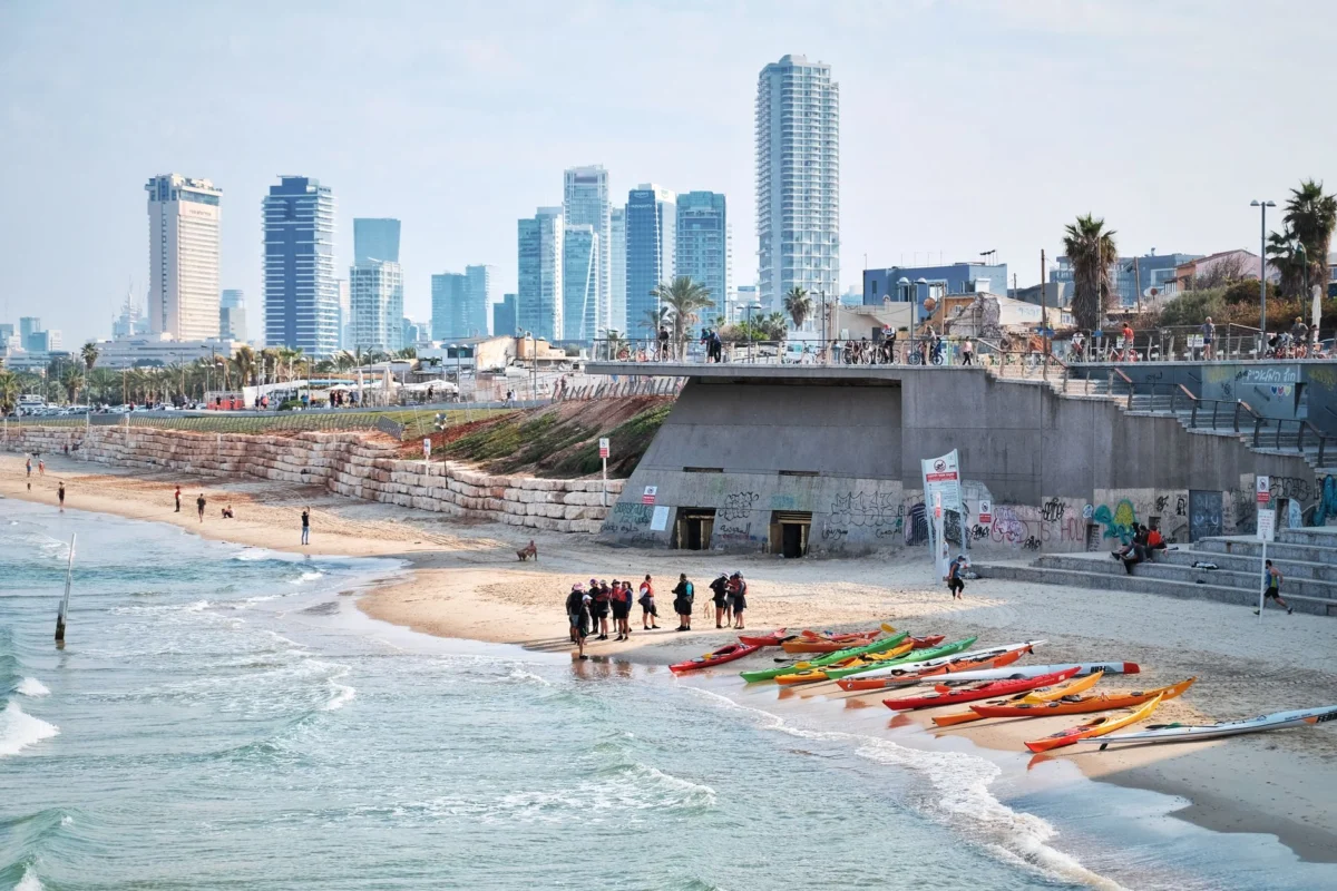 Romantic oceanfront view in Tel Aviv with skyline