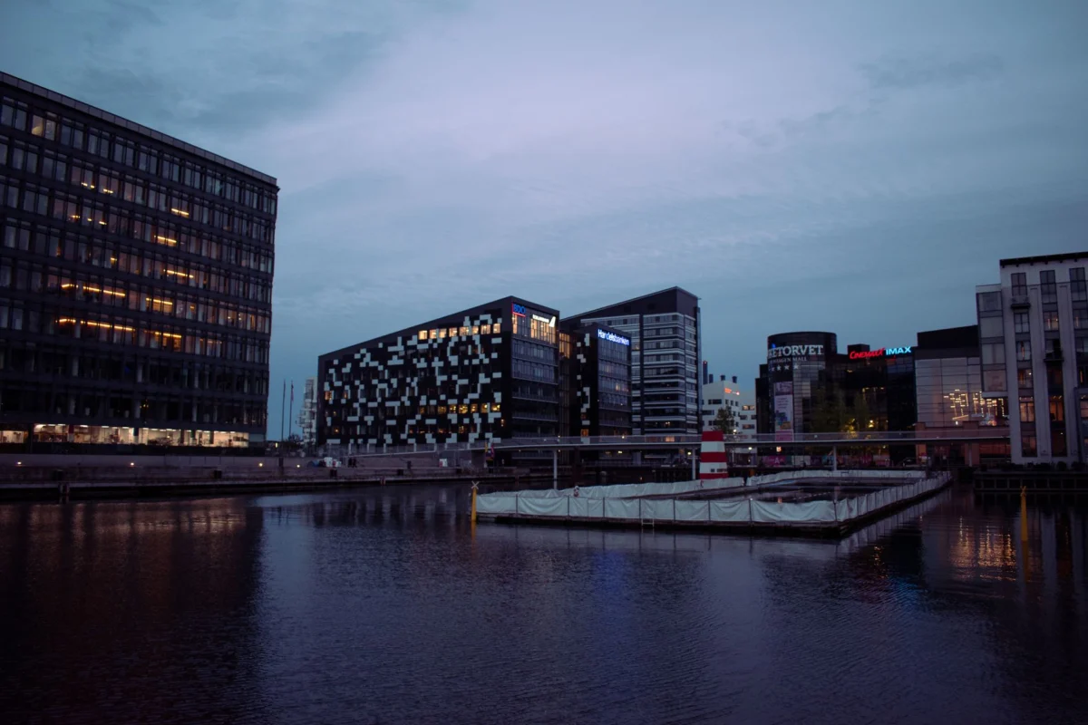 Turku riverfront and skyline at sunset