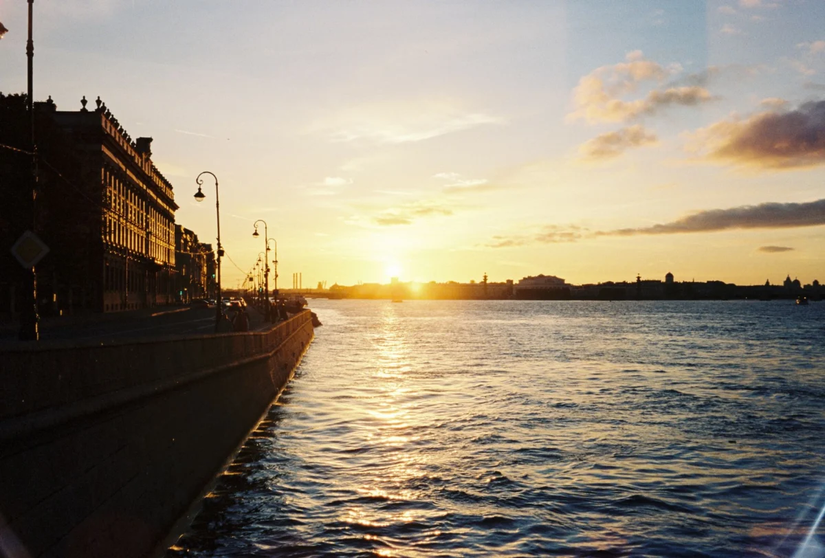 Turku skyline viewed from the riverside at sunset