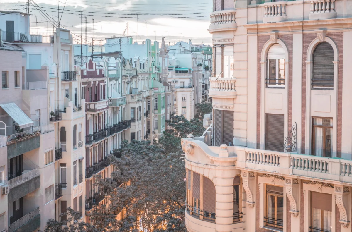 Valencia skyline at sunset with historic architecture
