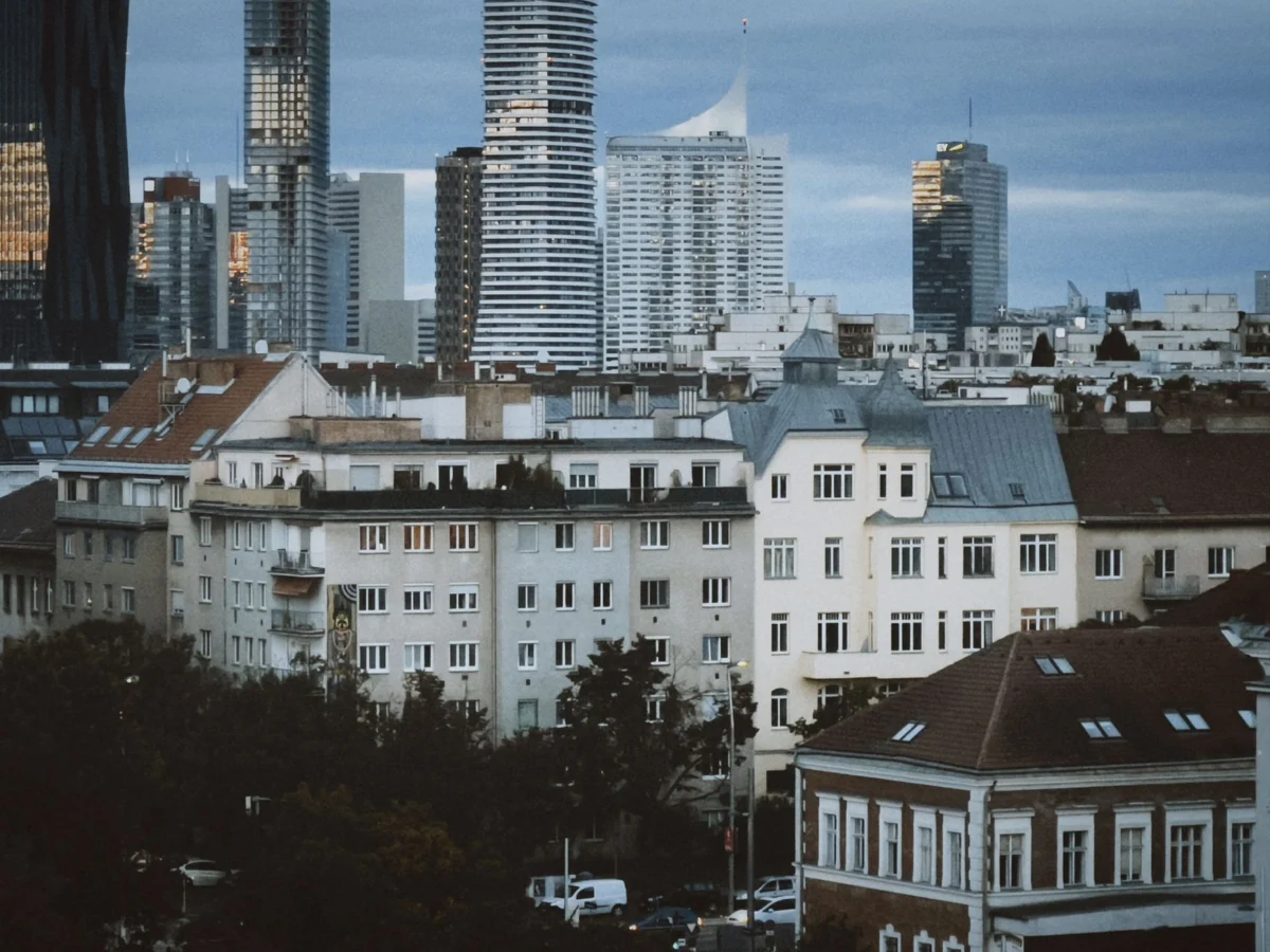 Panoramic view of Vienna skyline at sunset with business district