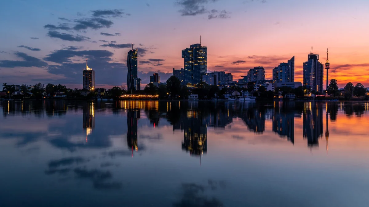Romantic sunset view of Vienna skyline