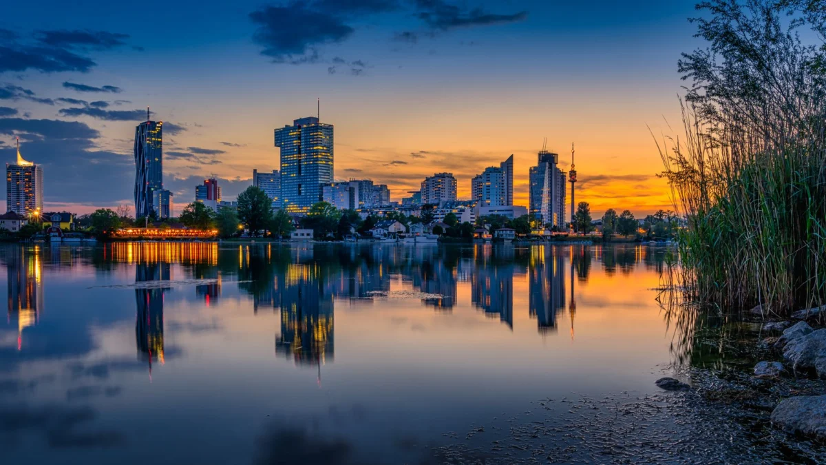 A stunning view of Vienna's skyline at dusk showcasing historic architecture