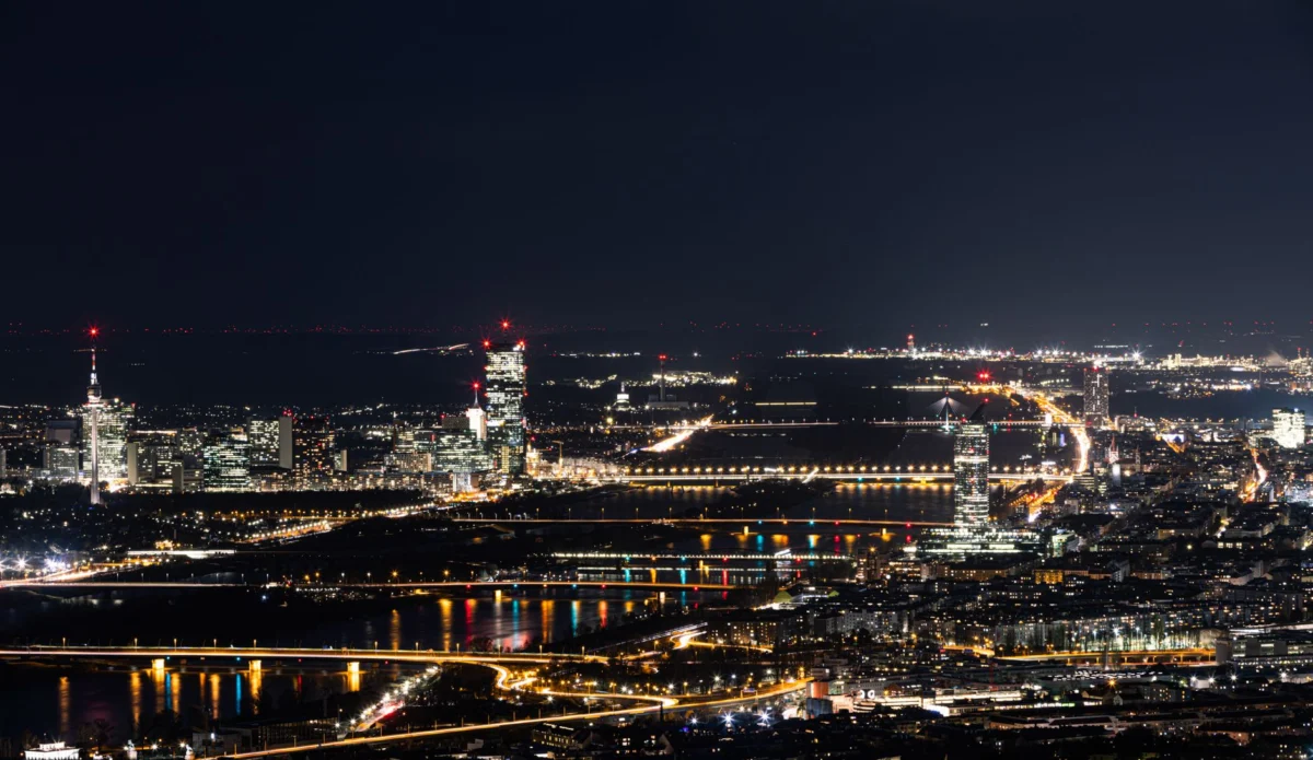 Nighttime view of Vienna's illuminated skyline