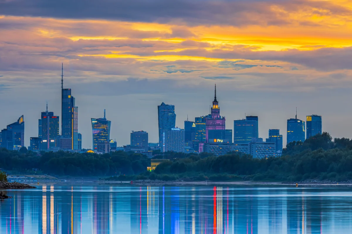 Romantic view of Warsaw's skyline with landmarks