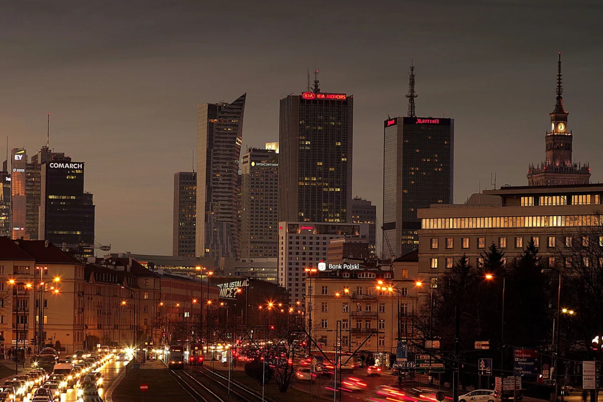 Panoramic view of Warsaw skyline with modern and historic landmarks
