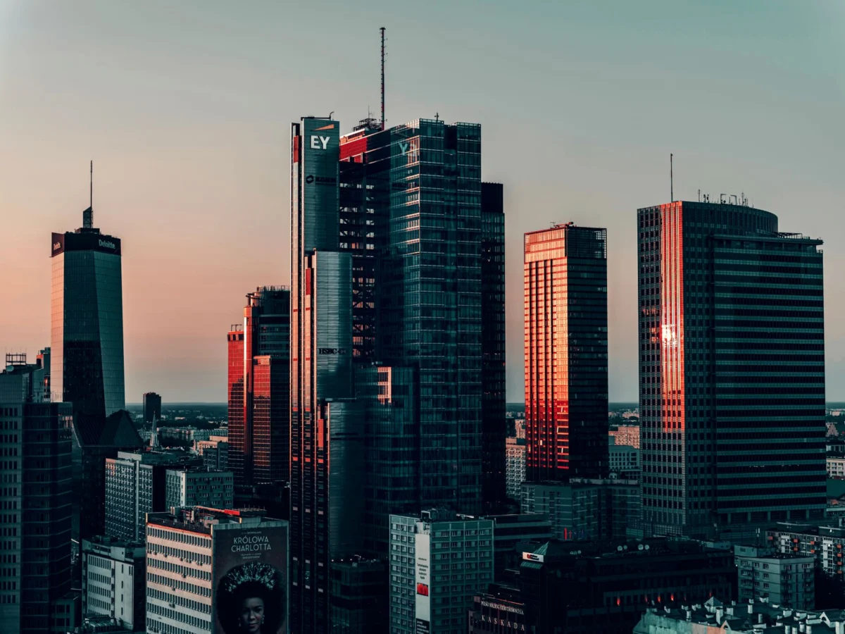 Warsaw's iconic skyline with vibrant sunset hues