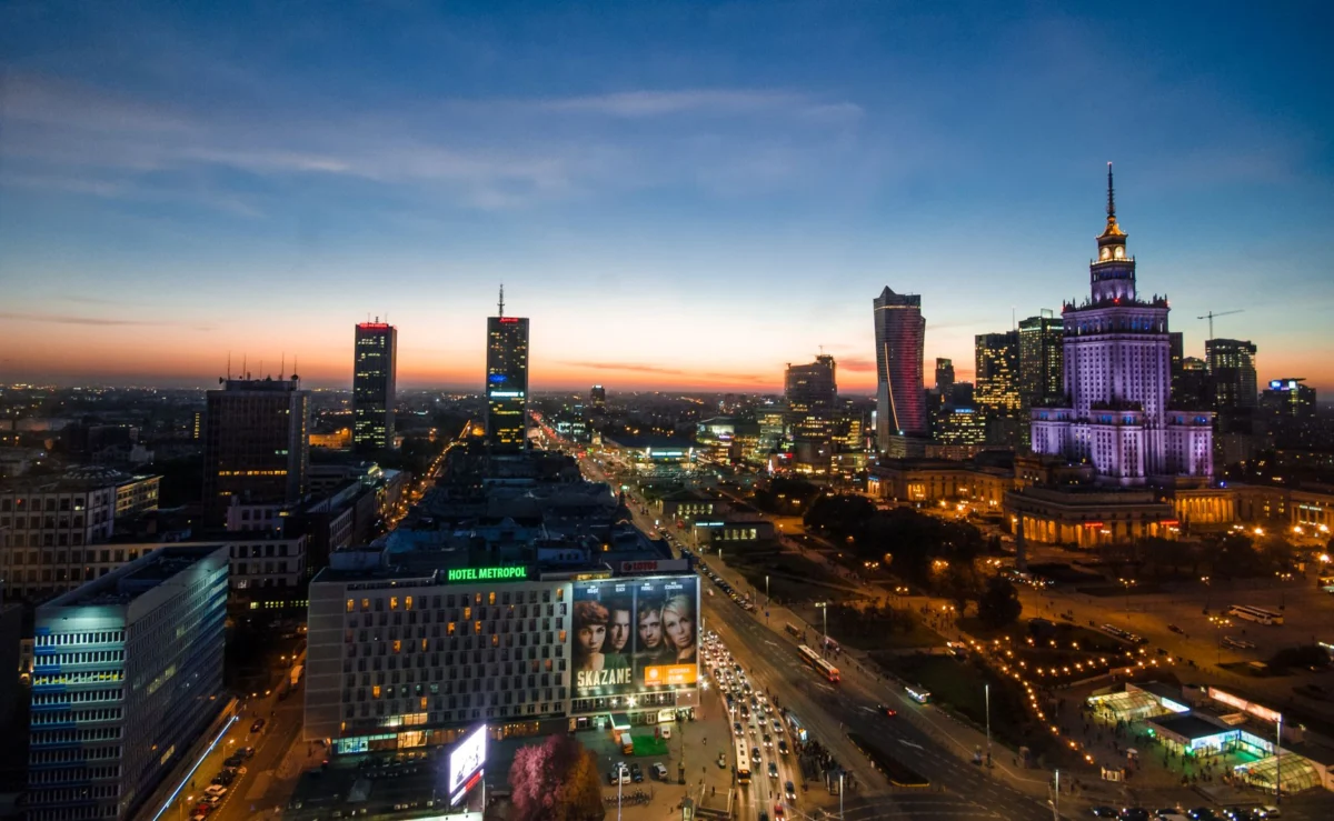 Stunning view of Warsaw skyline at sunset