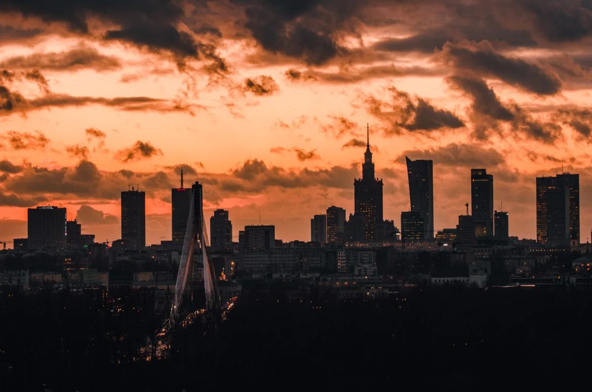 Warsaw skyline bathed in romantic sunset hues