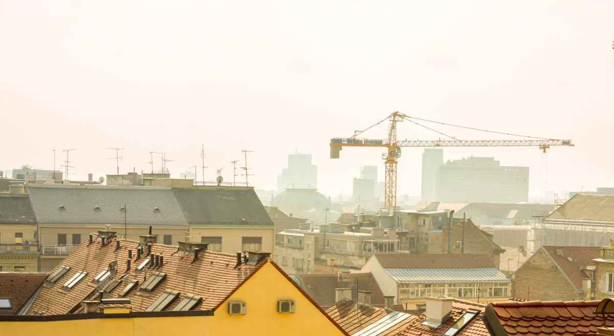 A romantic view of the Zagreb skyline at sunset.