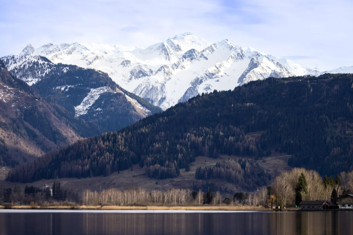 Sunset view over Zell am See with mountains and lake