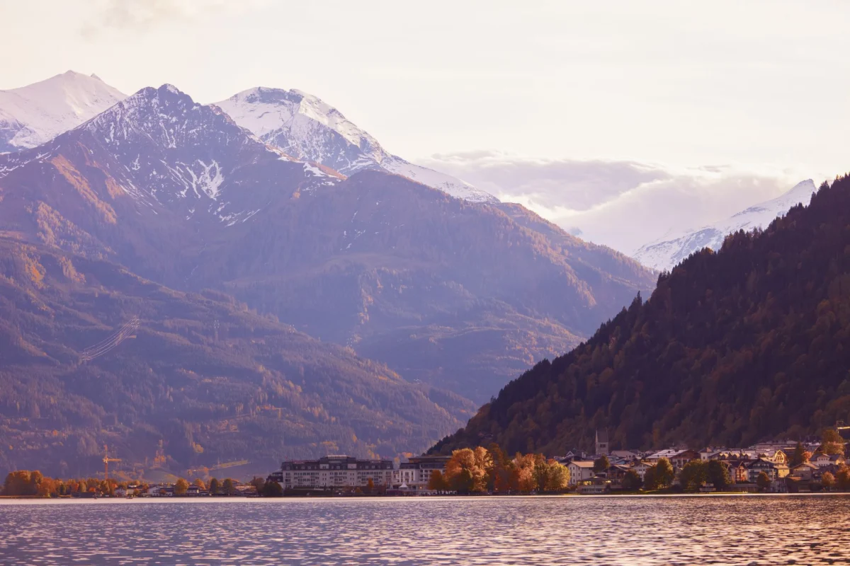 Romantic couple enjoying hotel view in Zell am See
