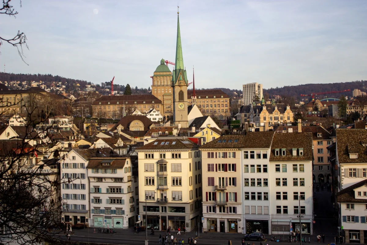 Zurich view of the historic district with couples walking