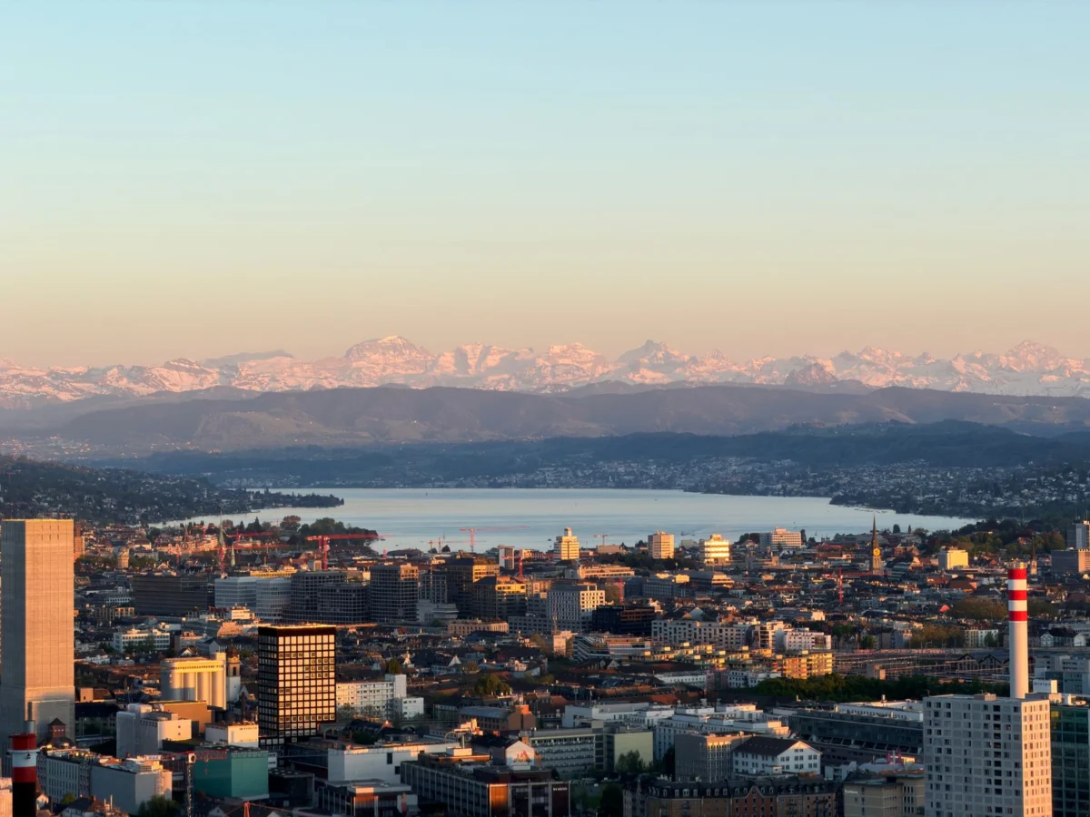 Romantic view of Zurich skyline with sunset