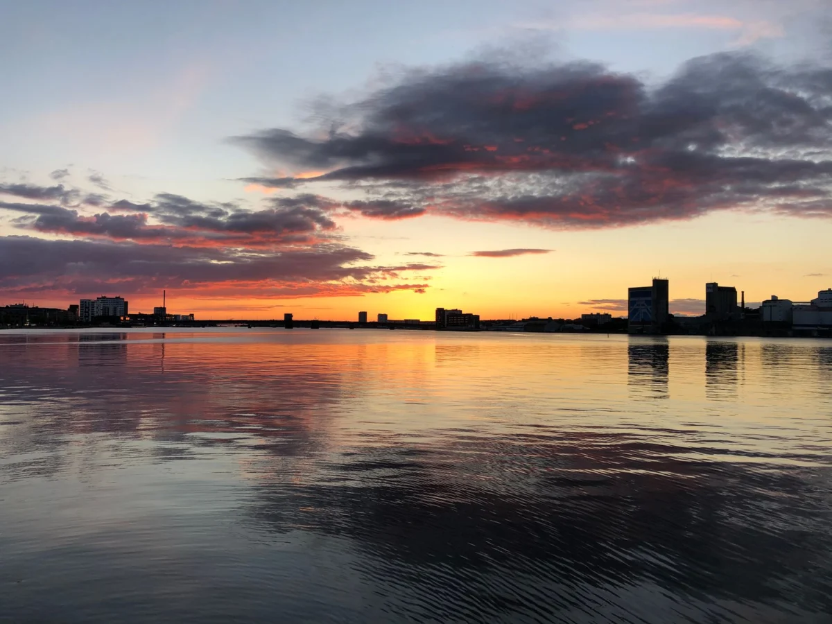A panoramic view of Aalborg city skyline with historic buildings
