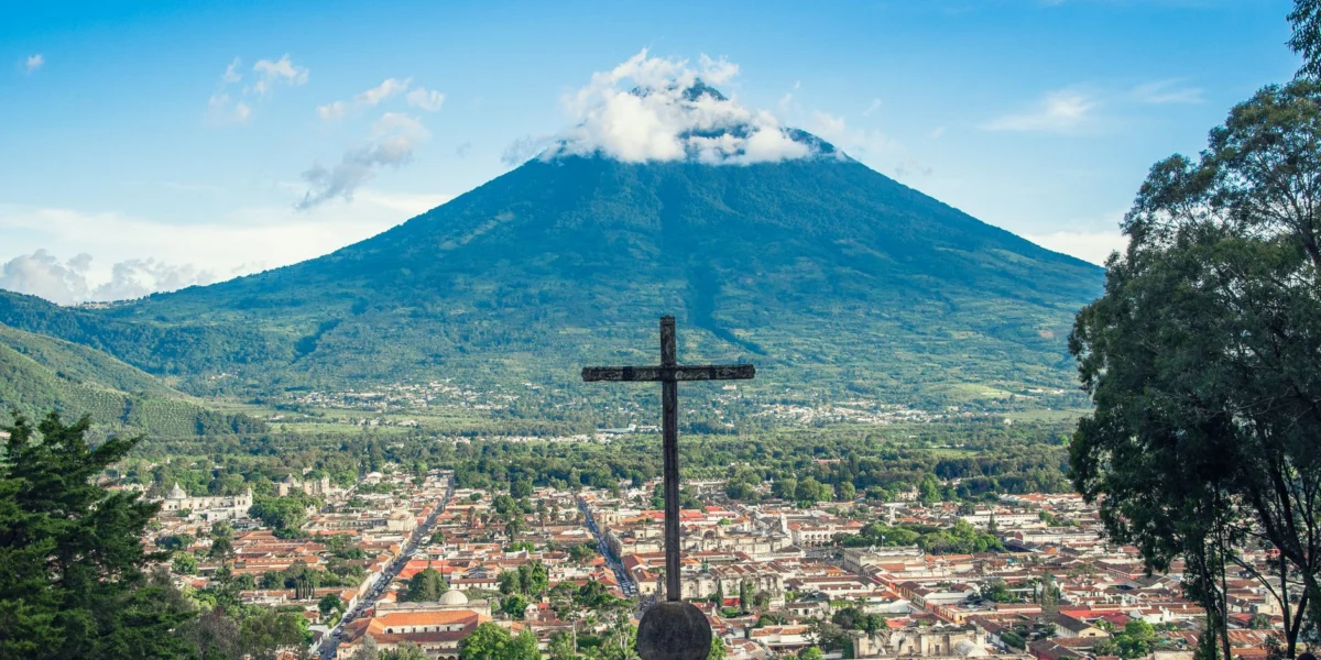 View of Antigua city with historic architecture in Guatemala