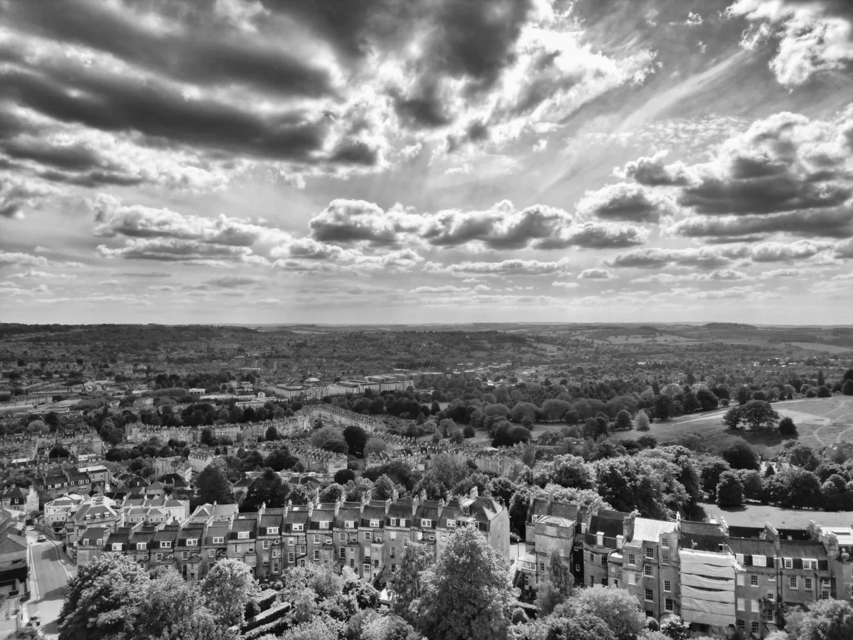 Romantic Bath skyline view at sunset with historic landmarks
