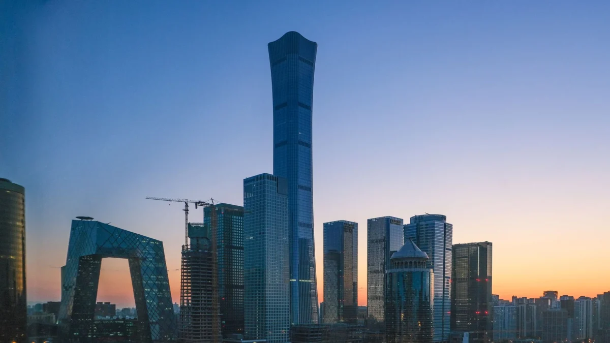 Romantic view of Beijing skyline at sunset with iconic landmarks