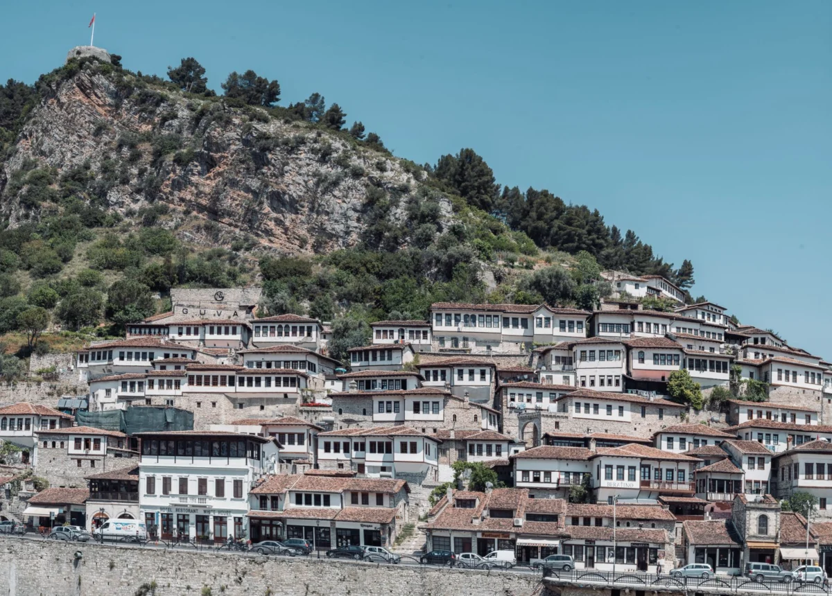 Breathtaking view of Berat's castle and lush surroundings from above