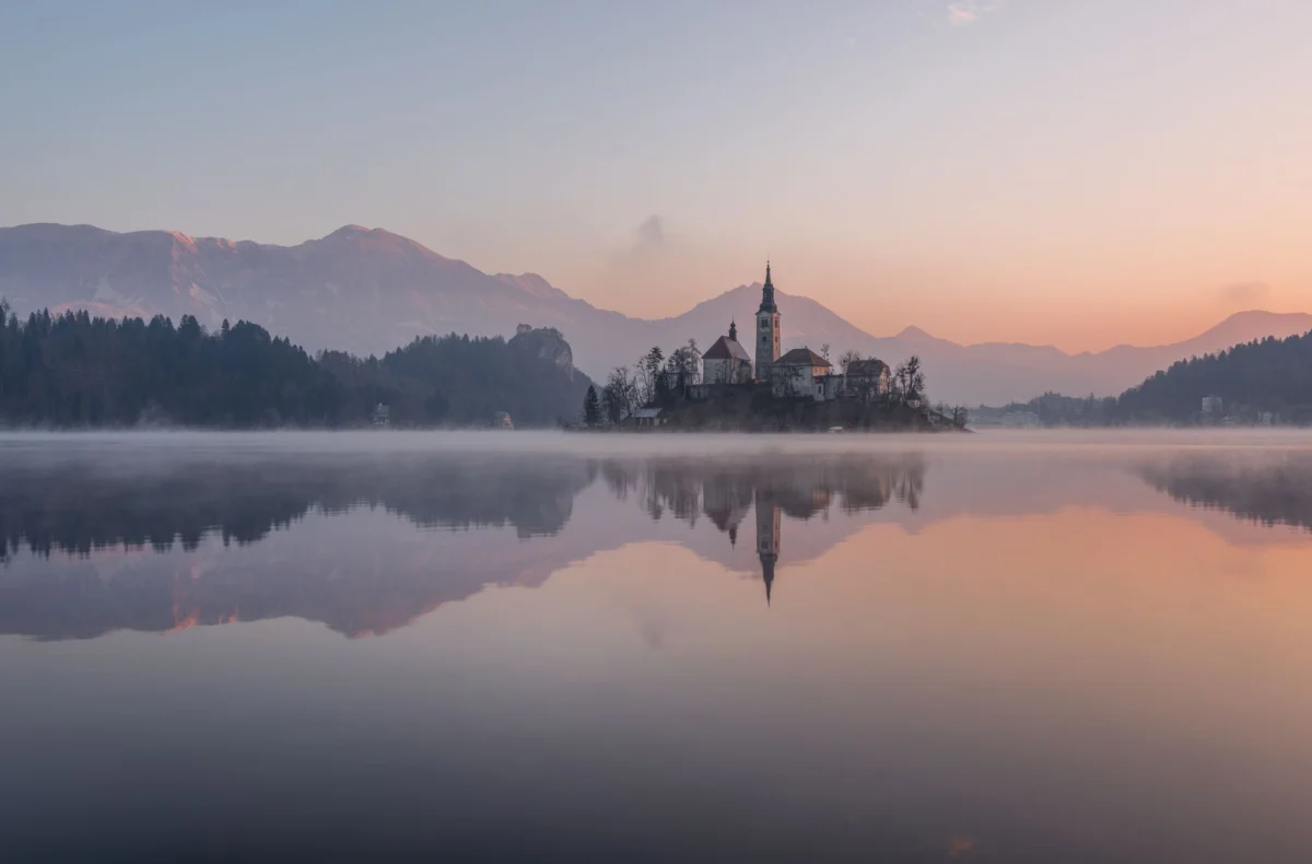 Romantic view of Lake Bled surrounded by mountains