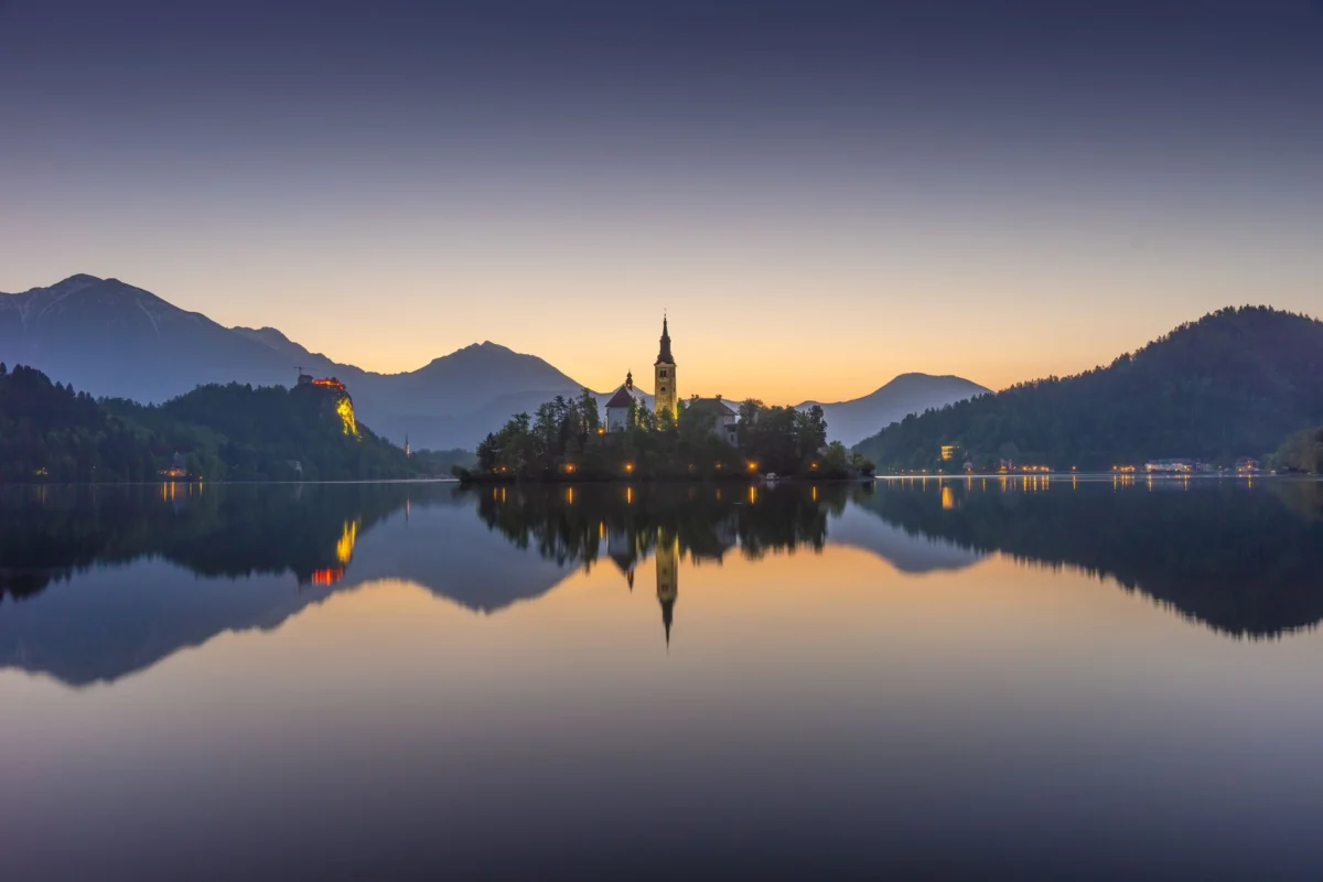 Stunning sunrise view over Lake Bled with its iconic island