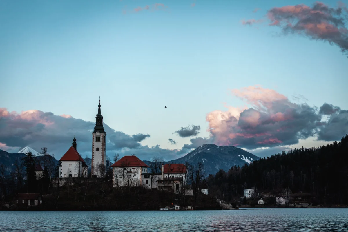 Romantic view of Bled Lake at sunset