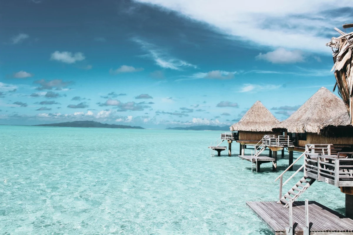 Stunning view of overwater bungalows in Bora Bora during sunset