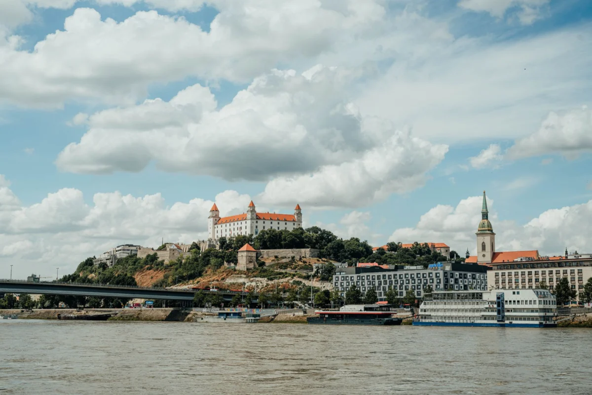 Romantic skyline view of Bratislava with castle at night
