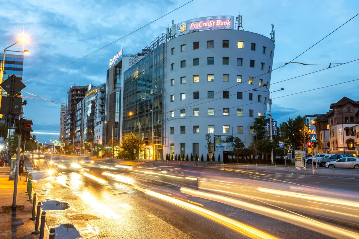 A captivating view of the Bucharest skyline at dusk