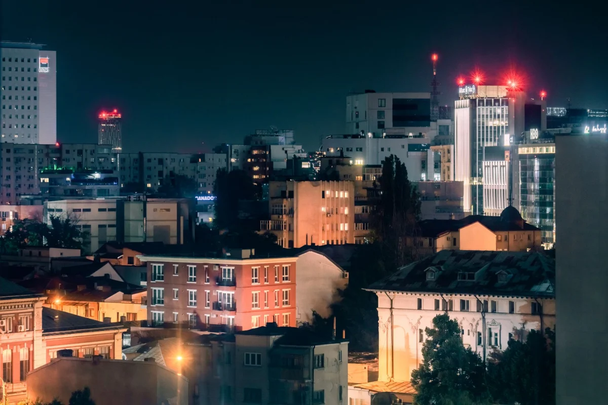 Romantic view of Bucharest skyline with evening lights
