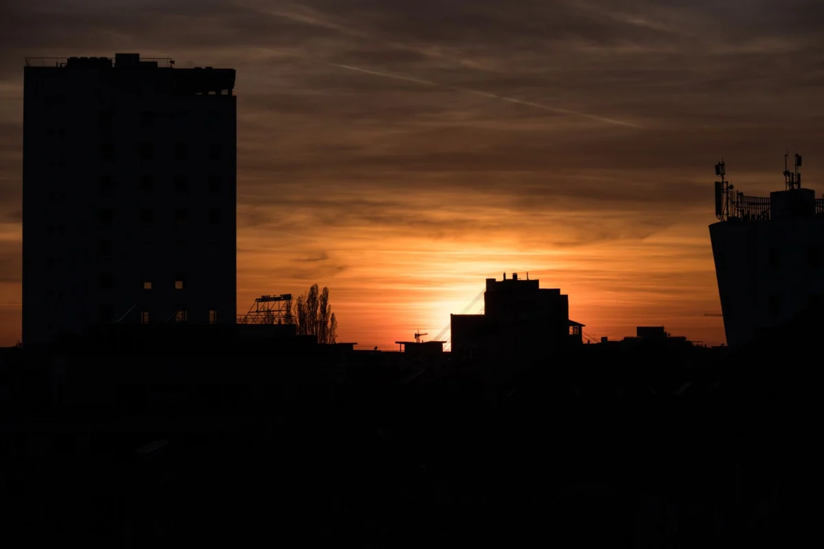 View of Bucharest's skyline at sunset from a high vantage point