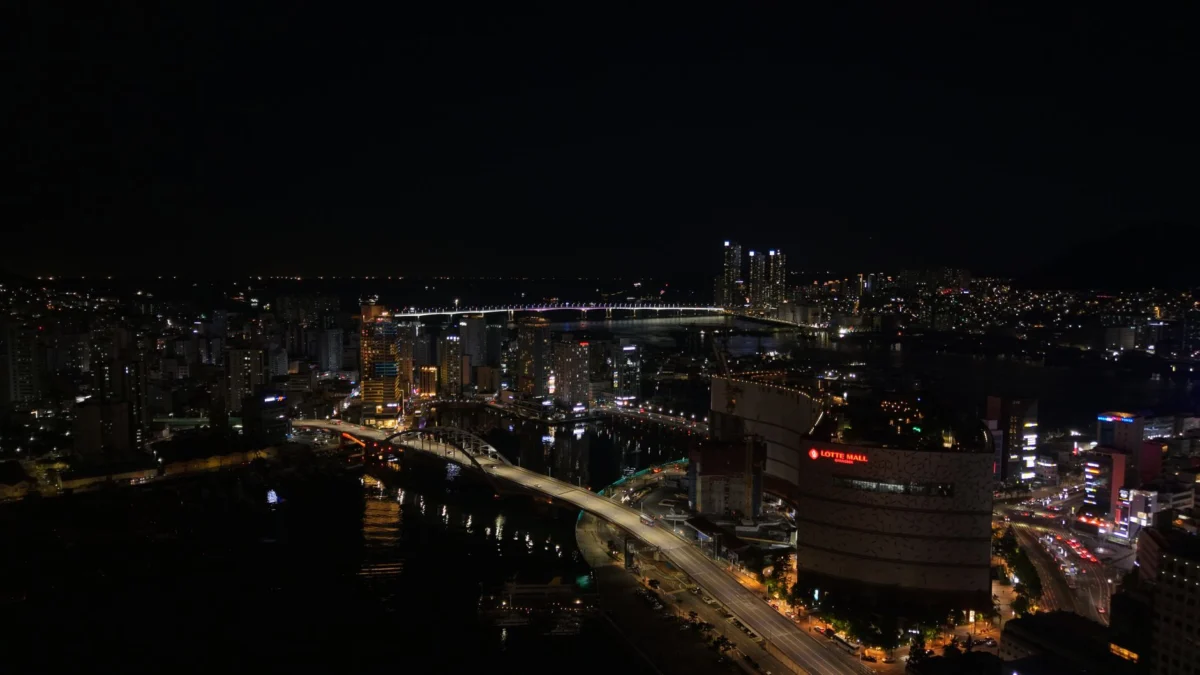 Busan cityscape illuminated at night with iconic landmarks