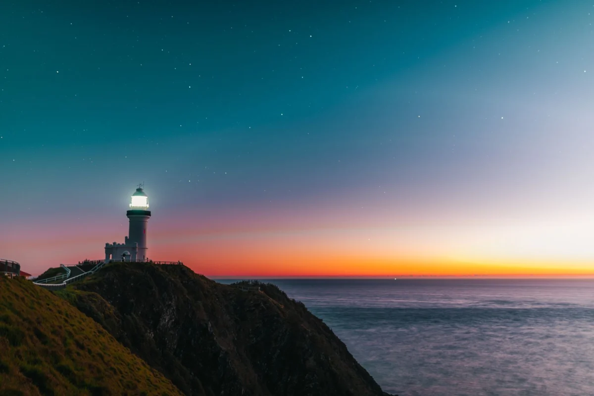 Scenic Byron Bay lighthouse with sunset glow