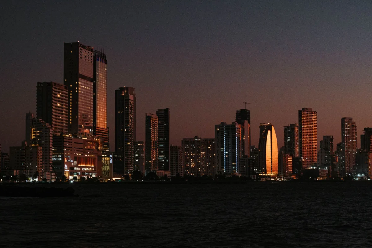View of Cartagena's skyline with vibrant sunset over the sea