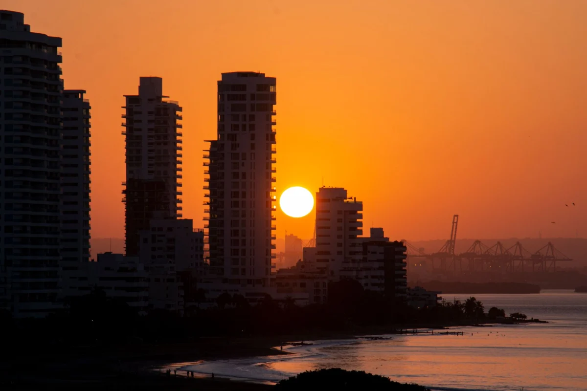 Stunning sunset over Cartagena's skyline showcasing historic and modern architecture